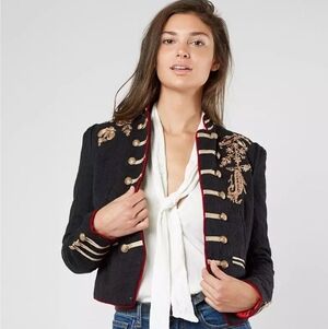 Free People Lauren Band Military Jacket Black, Red, Gold Embroidered Jacket